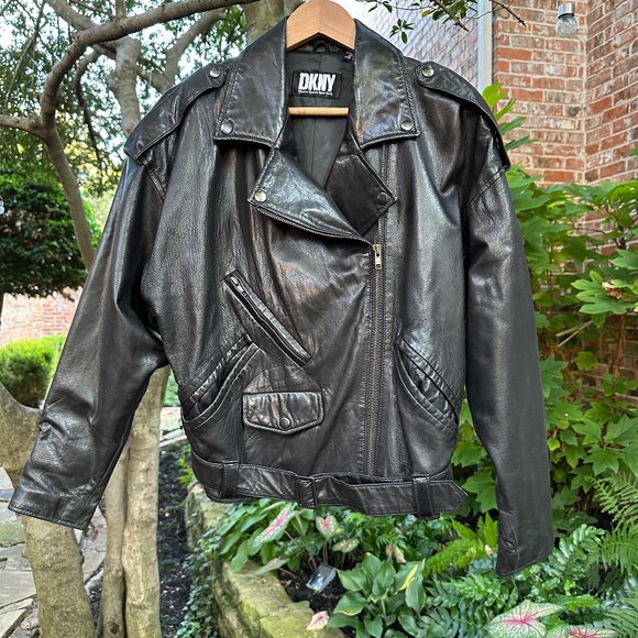 DKNY Black Retro Zip Up Belted Leather Biker Moto Jacket Women’s Sz PL - Picture 1 of 8